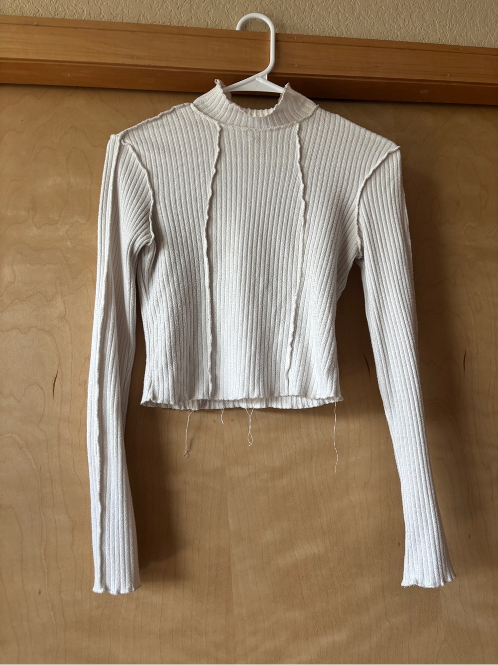 Ribbed Mock Neck Long Sleeve Crop Top - Cream